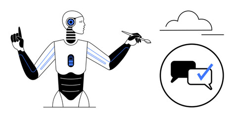 Futuristic humanoid robot using a stylus, surrounded by cloud icon and chat bubbles with a checkmark. Ideal for AI technology, automation, communication, innovation, creative design, cloud computing
