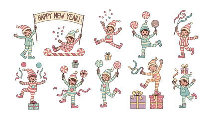 Whimsical New Year Elf Delight: A collection of cheerful elves engage in playful festivities, adorning festive attire, carrying festive gifts, embodying the joyful spirit of the new year.