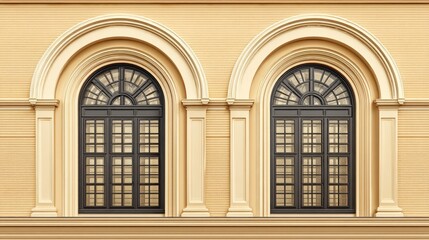 Elegant arched windows with ornate framing on a light colored building facade