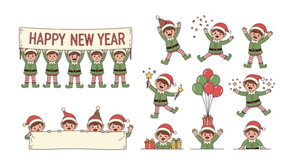 New Year Elves Set: Delightful festive elves joyfully welcome the new year with banners, gifts, and a burst of celebratory energy. Capturing the spirit of joy and hope.