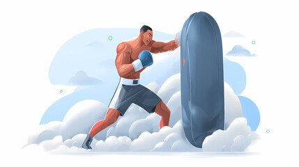 A fit athlete practicing boxing skills on a punching bag amidst a cartoonish cloud background.