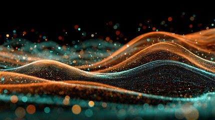 Glowing orange and teal waves of shimmering particles abstract digital art