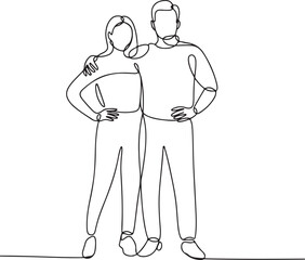 Continuous line art illustration of two people posing for photo with handmade contour