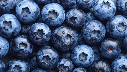 Close-up shows a pile of vibrant, fresh blueberries with a slightly glossy texture and blue hues