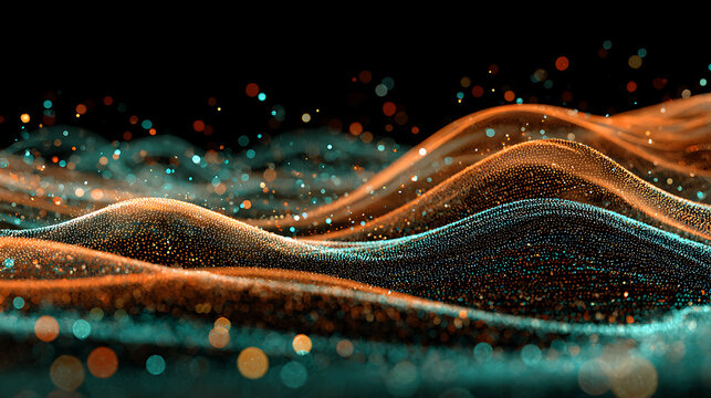 Glowing orange and teal waves of shimmering particles abstract digital art - Powered by Adobe
