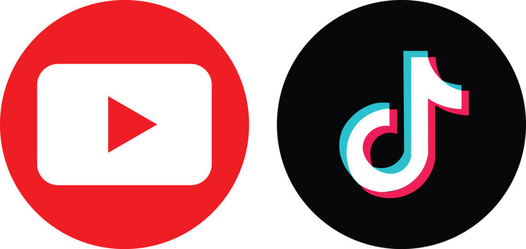 youtube and tiktok social media platform logos comparison icon set isolated on white background.