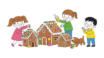 Sweet Home Creation: Adorable children collaboratively decorate gingerbread houses with vibrant candies, their faces alight with smiles. A playful puppy adds to the joyous scene.