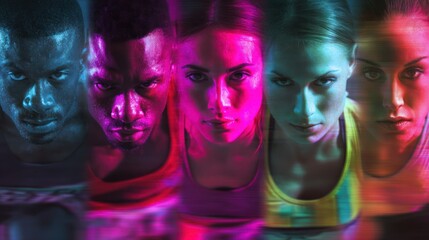 Diverse group of athletes in motion with colorful glowing effects
