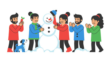 Joyful Snowman Creation: Friends and companions gather to build a cheerful snowman, laughter and togetherness fill the crisp winter air as they craft a symbol of winter fun.