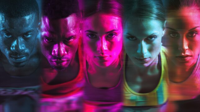 Diverse group of athletes in motion with colorful glowing effects