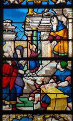 Stained glass (19th century) of The childhood of Mary: Presentation of Mary at the Temple.