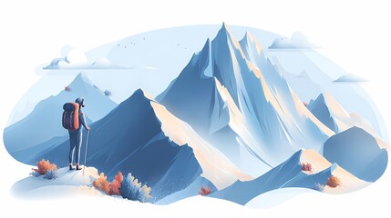 A hiker standing on a peak, admiring a stunning mountain landscape with jagged peaks and distant clouds.