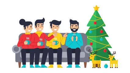Festive Gathering: Friends enjoy holiday cheer in a cozy setting. Friends gather on a couch next to a decorated Christmas tree.