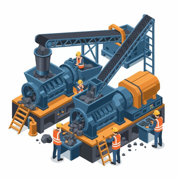 Isometric illustration of coal mining and processing machinery with workers.