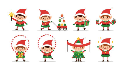 Elf Celebrations: Charming elf figures in festive attire, each showcasing a unique pose and prop, bring the holiday spirit. Capturing joyful expressions, playful scenes.