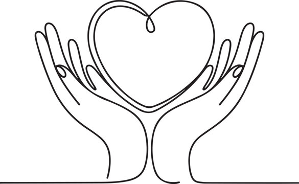 Continuous line art illustration of cupped hands holding smooth heart stone with handmade contour