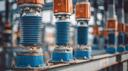 High voltage electrical insulators power station equipment blue and orange details