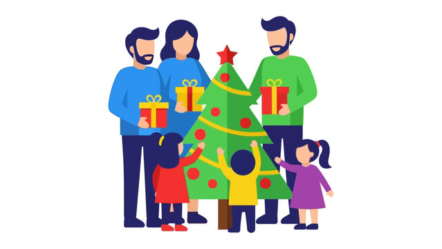 Christmas Gathering of Loved Ones: A heartwarming Christmas scene unfolds as a family gathers around a festive tree, cherishing the spirit of the season with presents and joy.