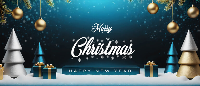Merry christmas and happy new year greeting with festive winter scene