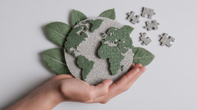 Hand holding planet earth with leaves and puzzle pieces on a transparent background
