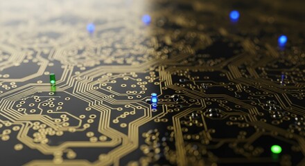 Cutting edge technology with golden circuitry and vibrant blue LED lights for futuristic innovation concepts
