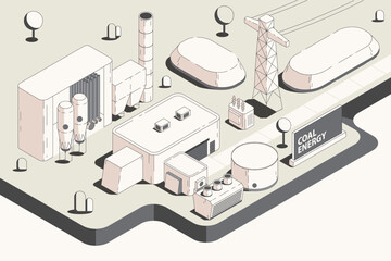 the coal energy, coal fired power plant with isometric graphic