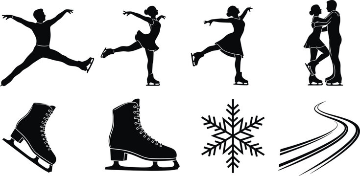 Black silhouettes of ice skaters skates snowflake and ice rink, ice skating, figure skating, silhouette, black and white, ice skates, snowflake, ice rink, sport, winter, dance, couple, male skater, fe