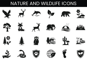 Black and white silhouette icons of wildlife and nature elements