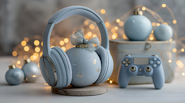Light blue headphones rest on a Christmas ornament, next to a gaming controller. Studio lights softly illuminate the scene, evoking a calm, wintry feeling