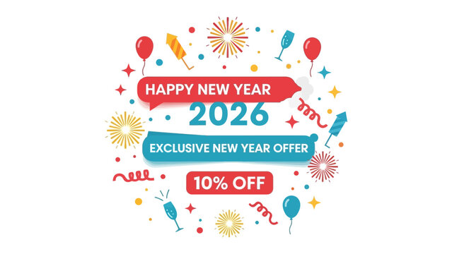 New Year Celebration: A vibrant and festive illustration of the upcoming New Year, highlighting the year 2026 along with an exclusive offer of 10% off.