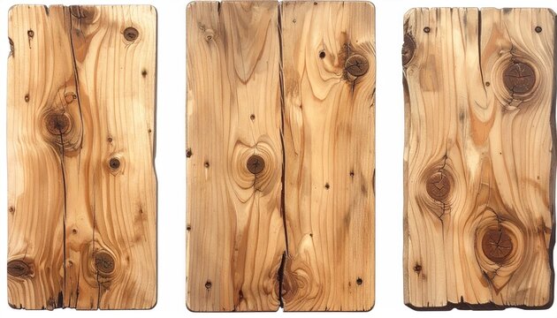 Three wood boards, tan and light brown with knotty details