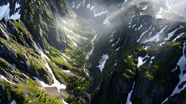 Mountain valley with snow and greenery