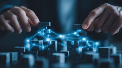 Hands assembling puzzle pieces with digital network connection illustration