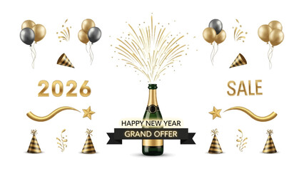 New Year Celebration Composition: Festive composition including balloons, confetti, a champagne bottle, party hats, and text for celebrating the coming year and a sale. 