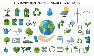 Collection of environmental and sustainable living icons on white background