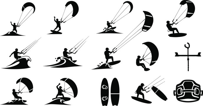 Kiteboarding silhouettes on waves and equipment kitesurfing, kiteboarding, kitesurfing, silhouette, water sport, ocean, waves, surfboard, kite, rider, action, sport, extreme sport, recreation, adventu