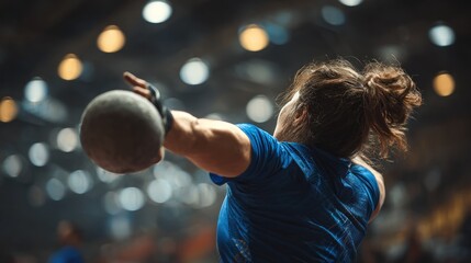 Female athlete throwing a shot put ball during a competition action shot