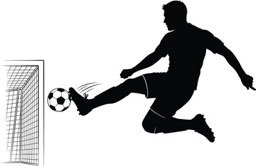 Silhouette soccer player kicking ball towards goal, soccer, football, player, silhouette, kicking, ball, goal, net, action, sport, game, competition, athleticism, movement, dynamic, energy, motion, sp