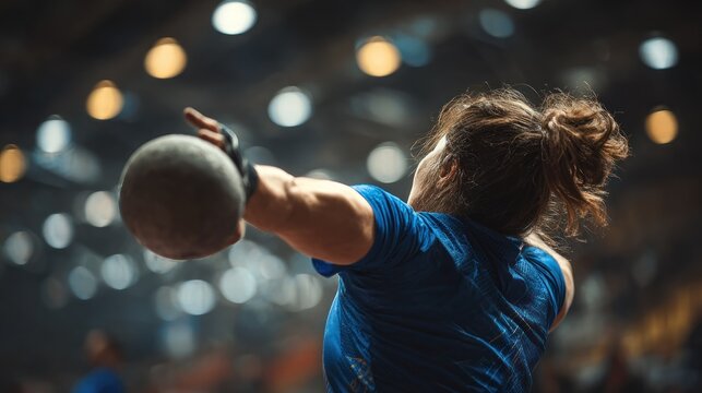 Female athlete throwing a shot put ball during a competition action shot