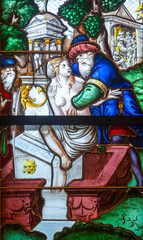 Fototapeta premium Stained glass (16th century) of Susanna and the Elders.