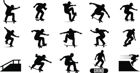 Skateboarder Silhouettes Performing Tricks and Grinding, skateboarder, skateboarding, silhouette, trick, grind, jump, action, sport, extreme sport, young, male, person, dynamic, movement, speed, motio