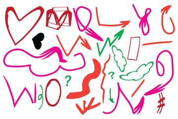 Colorful Hand Drawn Graphic Elements with Arrows Hearts and Clouds on White Background