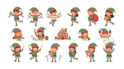 Holiday Elf Ensemble: A whimsical array of holiday elves, each in vibrant attire, playfully engaged in seasonal activities, creating a sense of festive cheer and enchantment.