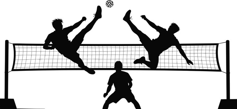 Three black silhouettes playing sepak takraw over a net, sepak takraw, sport, game, net, ball, players, action, silhouette, black and white, athletic, competition, teamwork, dynamic, movement, jumping