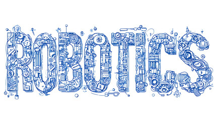 Intricate blue robotic lettering spelling robotics with mechanical details image