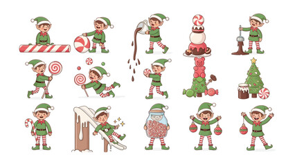 Whimsical Holiday Elf Scenes: A collection of cheerful elves engage in a variety of playful Christmas activities, capturing the spirit of joy and the magic of the holiday season. 