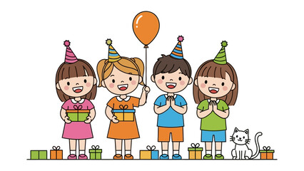 Festive Friends: A joyful gathering of friends celebrating, surrounded by presents and a playful companion.