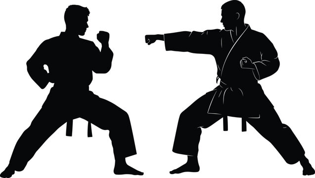 Two black silhouette figures in karate stances martial arts, karate, martial arts, fighting, combat, sport, exercise, training, action, silhouette, black and white, two people, men, athletes, stance, 