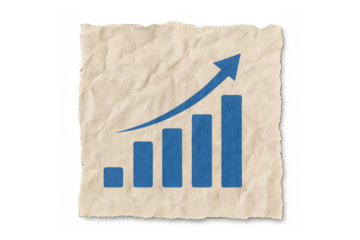 Bar graph chart with increasing arrow on crumpled ripped paper showing growth and business success, transparent background