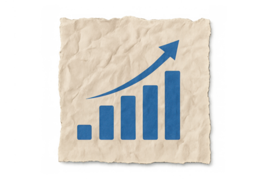 Bar graph chart with increasing arrow on crumpled ripped paper showing growth and business success, transparent background - Powered by Adobe